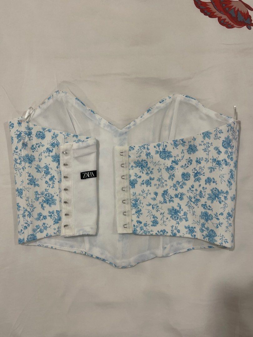 Zara Blue floral corset top, Women's Fashion, Tops, Sleeveless on Carousell
