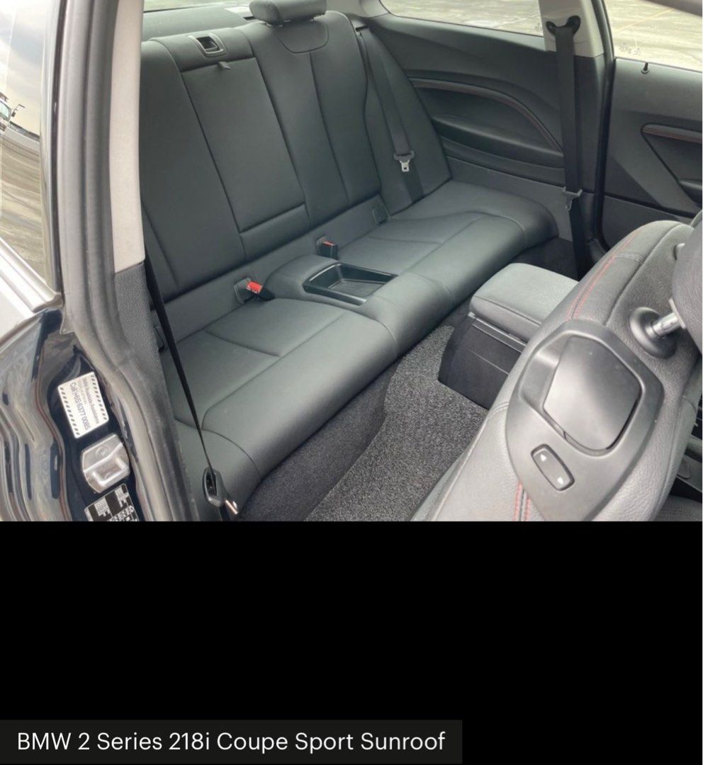 BMW 2 Series Coupe 218i Sport (A) (Category: Used Cars) located in Singapore. Submitted by meeshtoe (Listing ID 1270952555, Image 3). Description: Cat B renewed 5years from mid May 2026 Imagine driving this car just for under 18k depre annually! Very well taken care of. Back seat fits 2 adults up to 1.7m in height. Serviced timely. Wear and tear parts replaced promptly..