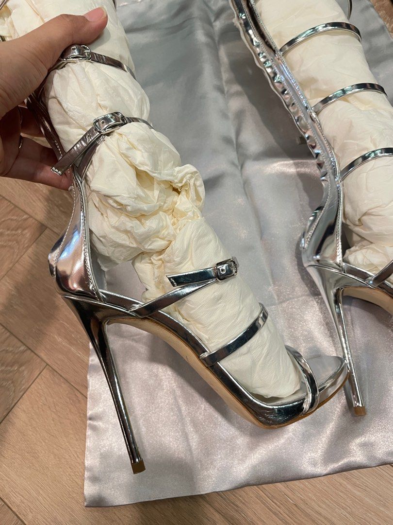 Silver knee high gladiator heels hot sale
