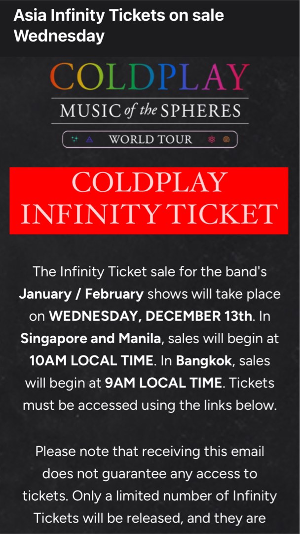 [HTB] Coldplay infinity tickets Music of the sphere in Singapore, Lifestyle Services, Others on