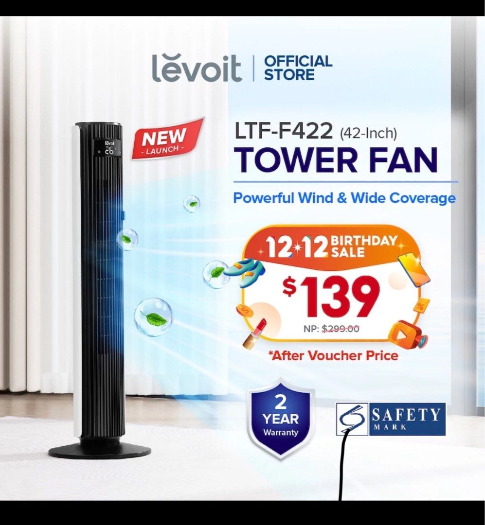 Levoit Tower Fan 42 inch Like New, Furniture & Home Living, Lighting