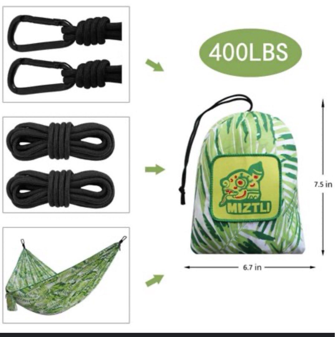 MIZTLI travel hammock (Category: Hiking & Camping) located in Quezon City. Submitted by needs4less (Listing ID 1270879251, Image 2). Description: Material synthetic-fiber Maximum Weight Recommendation 450 Pounds, 200 Kls The hammock comes with a storage bag for easy transportation and easy traveling. Relax in the park, in your back yard, and more with this lightweight hammock .