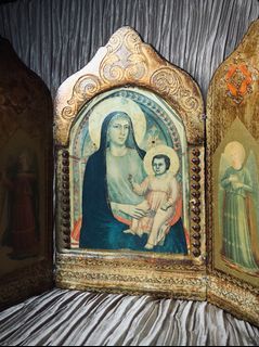 Ognissanti Madonna Sacred Triptych Florentine Gold Gilt Gesso Wood Folding Home Altar Italo-Byzantine Tabernacle Framework