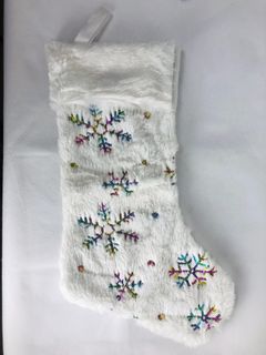 Plush Furry White Winter Christmas Sock Holiday Stocking Adorned with Snowflake Sequins ( Made in France)