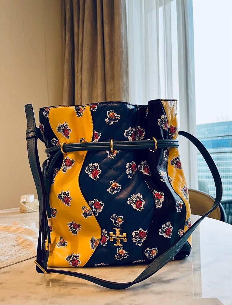 Preloved Tory Burch Kira Chevron Floral Patchwork Leather Bucket Bag