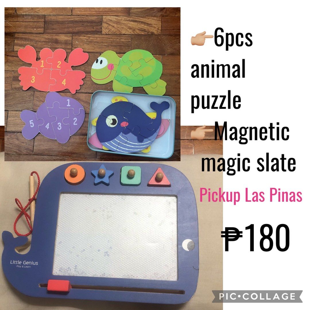 Puzzle magnet shape writing slate (Category: Infant Playtime) located in Las Pinas. Submitted by stuffythings (Listing ID 1270663528, Image 1). Description: 2 toys for ₱180 -6pcs puzzle animal with container - magic writing magnetic slate with 4 shapes Pickup las pinas See my listing for other kids stuff.
