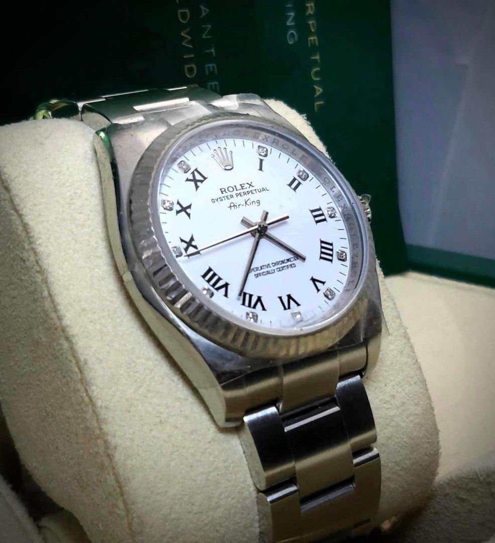 Rolex Airking (Category: Luxury Watches) located in Manila. Submitted by donijosemiguel (Listing ID 1270859477, Image 2). Description: Rolex Air-King White Roman Diamond Dial 2009 Model Ref. 114234 Complete full set - Like new Diamond indices on hour markers For only 335k! Pm me for more pics.