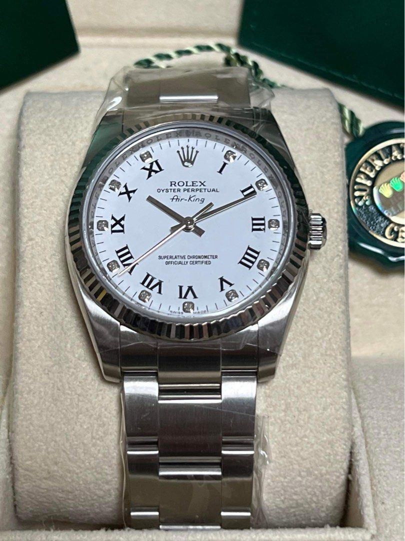 Rolex Airking (Category: Luxury Watches) located in Manila. Submitted by donijosemiguel (Listing ID 1270859477, Image 1). Description: Rolex Air-King White Roman Diamond Dial 2009 Model Ref. 114234 Complete full set - Like new Diamond indices on hour markers For only 335k! Pm me for more pics.