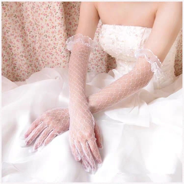 Sheer white lace long gloves wedding gloves fishnet white long