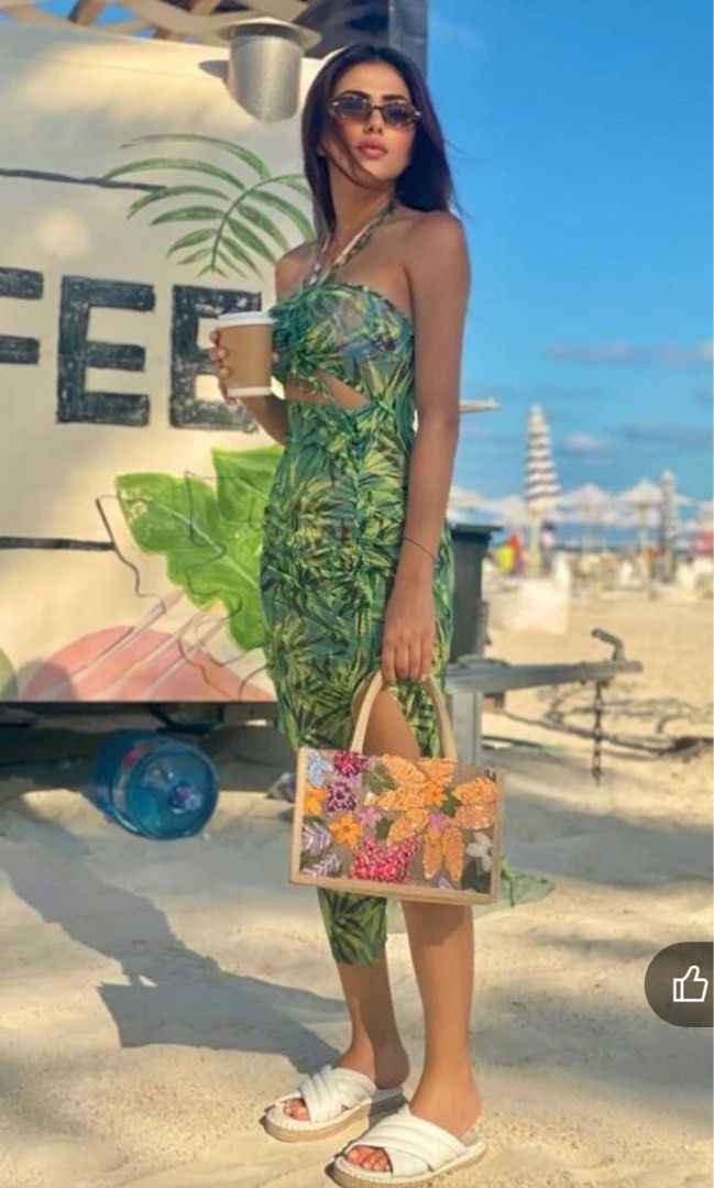 SheIn Women's Tropical Print Backless Cut Out Split Maxi Dress