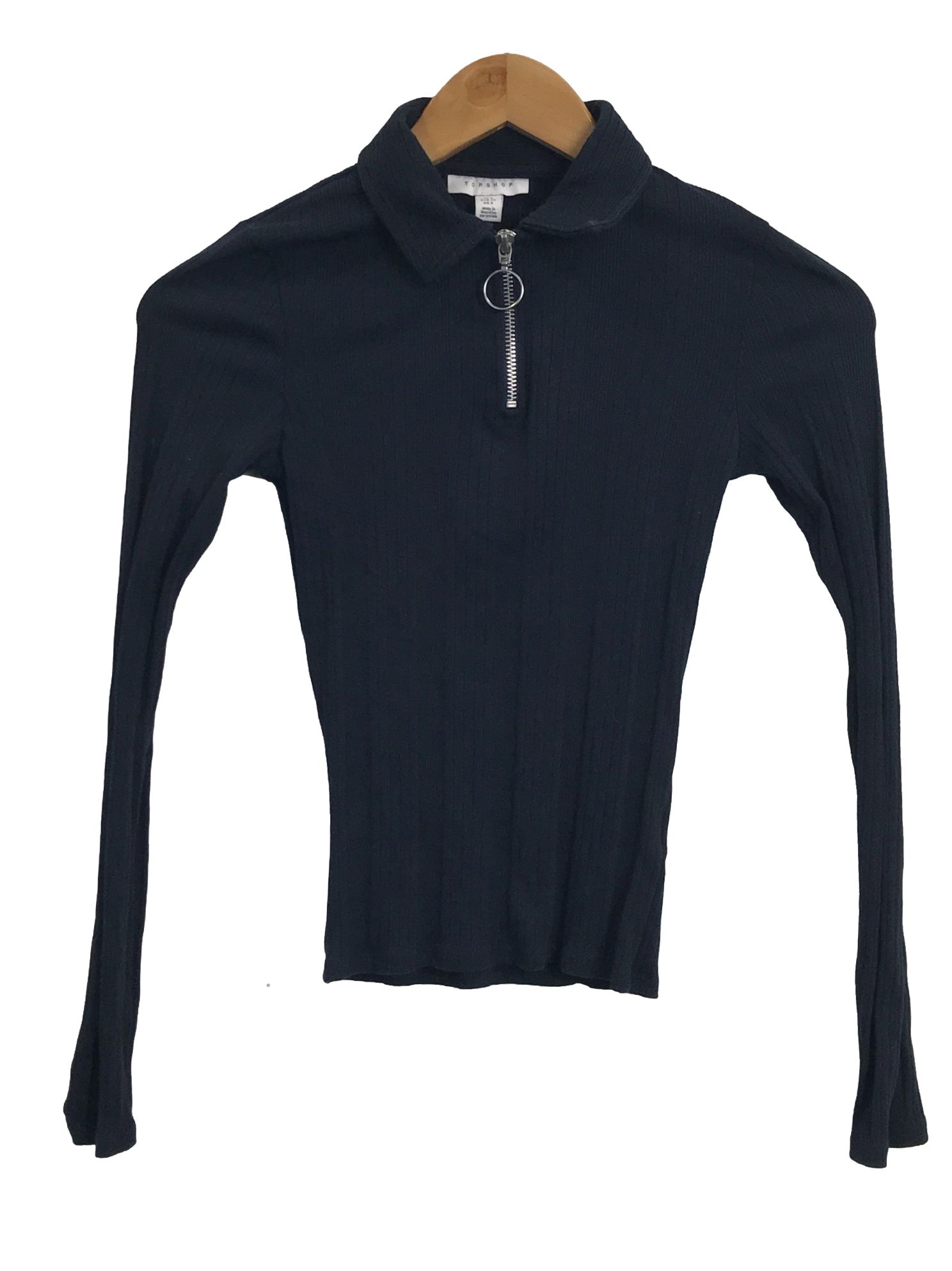 Topshop Navy Blue Long Sleeve Zip Polo Top Women s Fashion