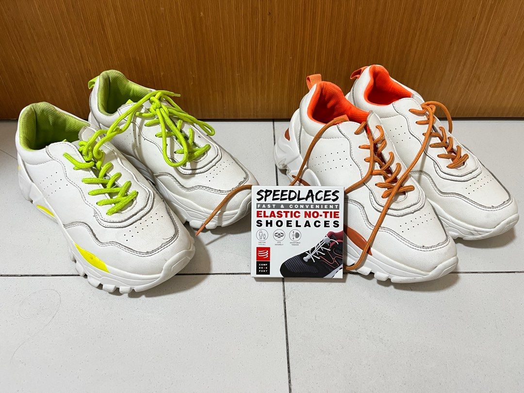 TWO PAIRS 25.5CM ORANGE AND GREEN SNEAKERS WITH FREE ELASTIC NO TIE SHOELACES