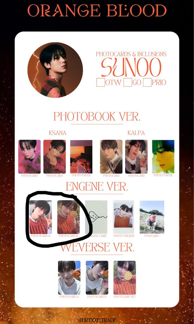 Enhypen Sunoo Orange Blood Photocard ENHYPEN Orange Blood