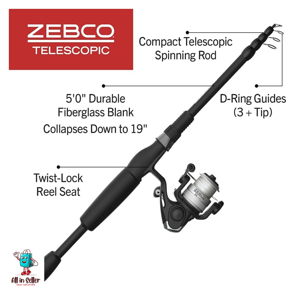 Zebco 33 Spinning Reel and Telescopic Fishing Rod Combo, Sports