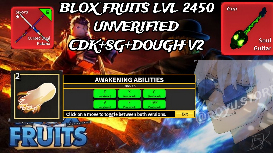 Blox Fruit, Level 2550Max, Awaken Dough, GodHuman, Cursed Dual Katana, Hallow scythe, Soul Guitar, Unverified Account