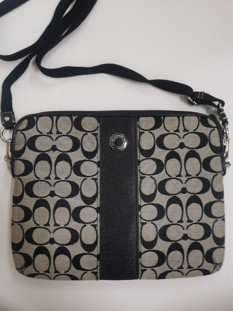 COACH SIGNATURE KHAKI BROWN STRIPE TABLET IPAD CROSSBODY BAG
