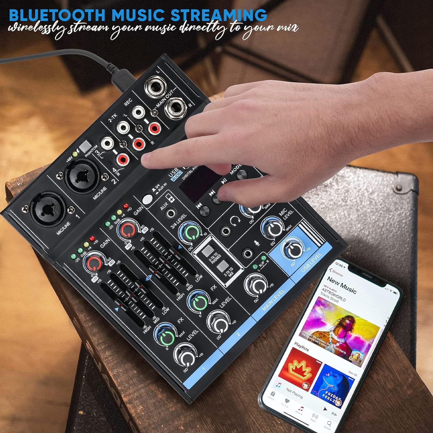 Dj Mixers 4 Channel Audio Mixer Sound Board with Bluetooth, Usb Audio