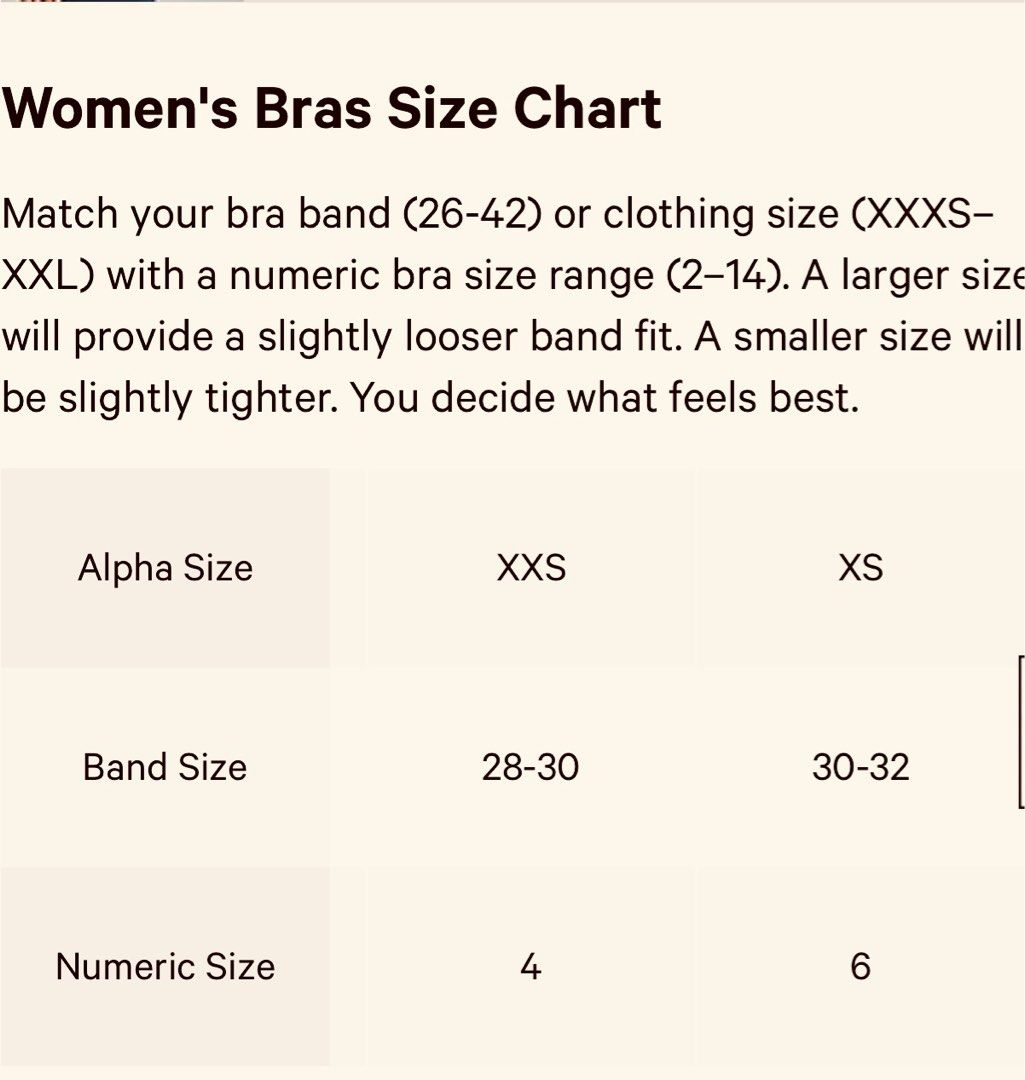 Lulu bra shop size chart