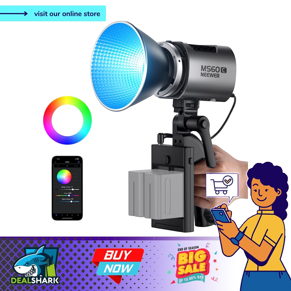 NEEWER MS60 LED Video Light With LS-48 20° Spotlight Snoot 2.4G/APP Control, 65W 5600K Daylight Mini COB Continuous Output Lighting