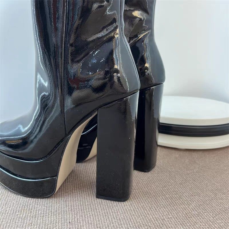 Patent leather high heeled block boots Women s Fashion Footwear