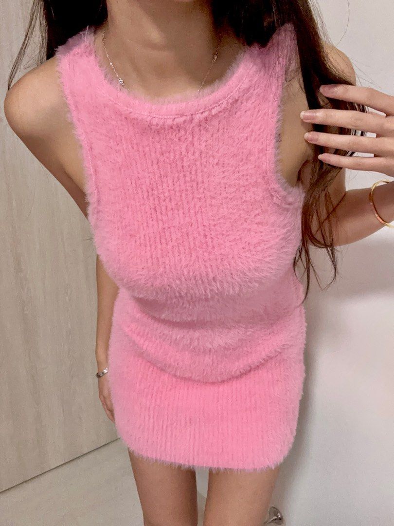 Pink Fur Dress, Women's Fashion, Dresses & Sets, Dresses on Carousell