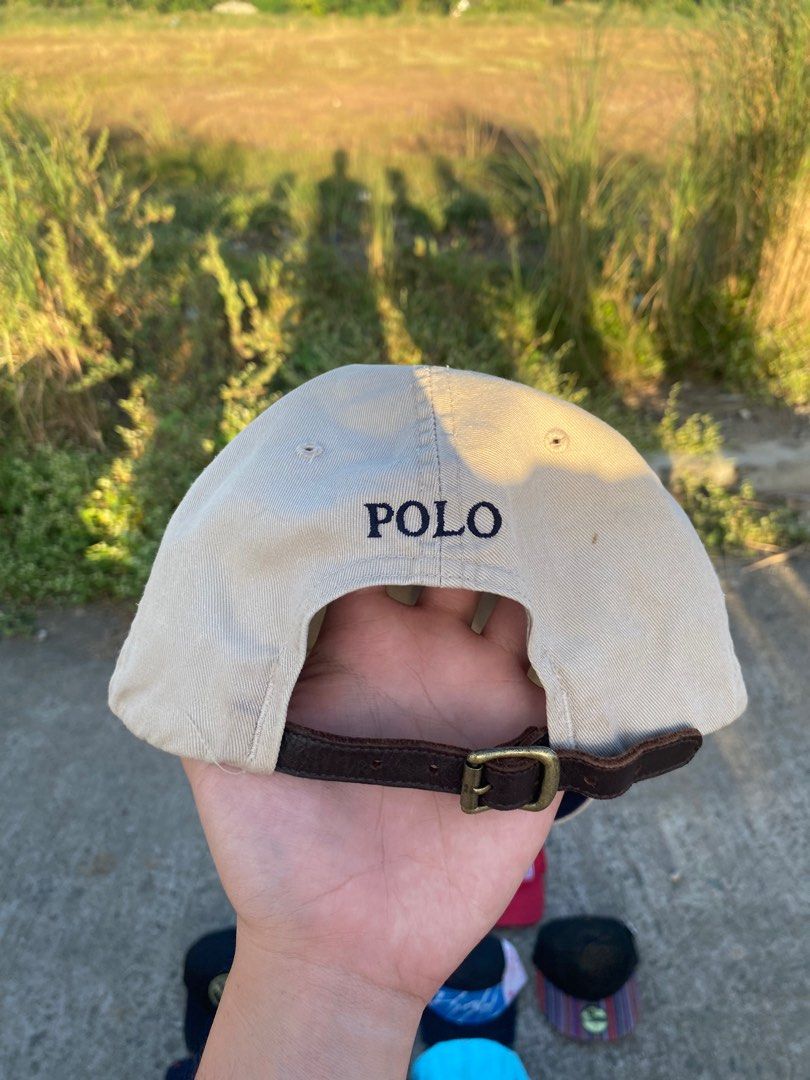 Tan polo hat with leather strap sales