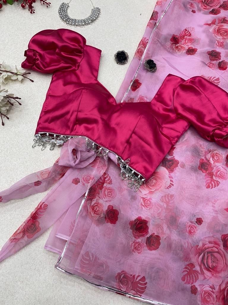 Pure organza silk digital printed saree with designer lace border