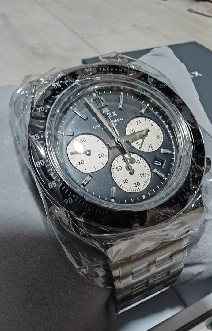 Q Timex Chronograph 40mm Stainless Steel Bracelet Watch Reverse Panda