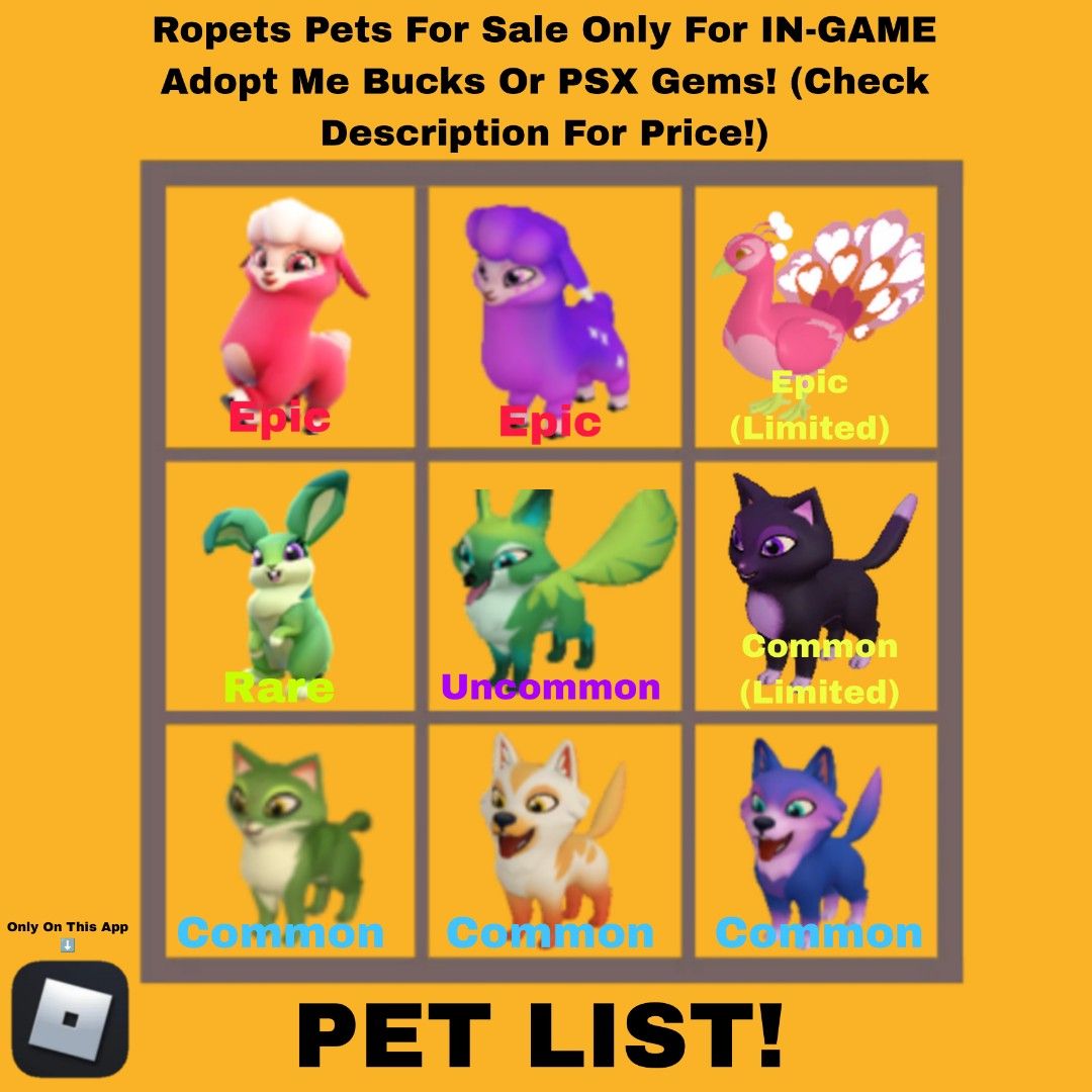 Ropets Pets For Sale Only For IN-GAME Adopt Me Bucks Or PSX Gems!, Video  Gaming, Gaming Accessories, In-Game Products on Carousell