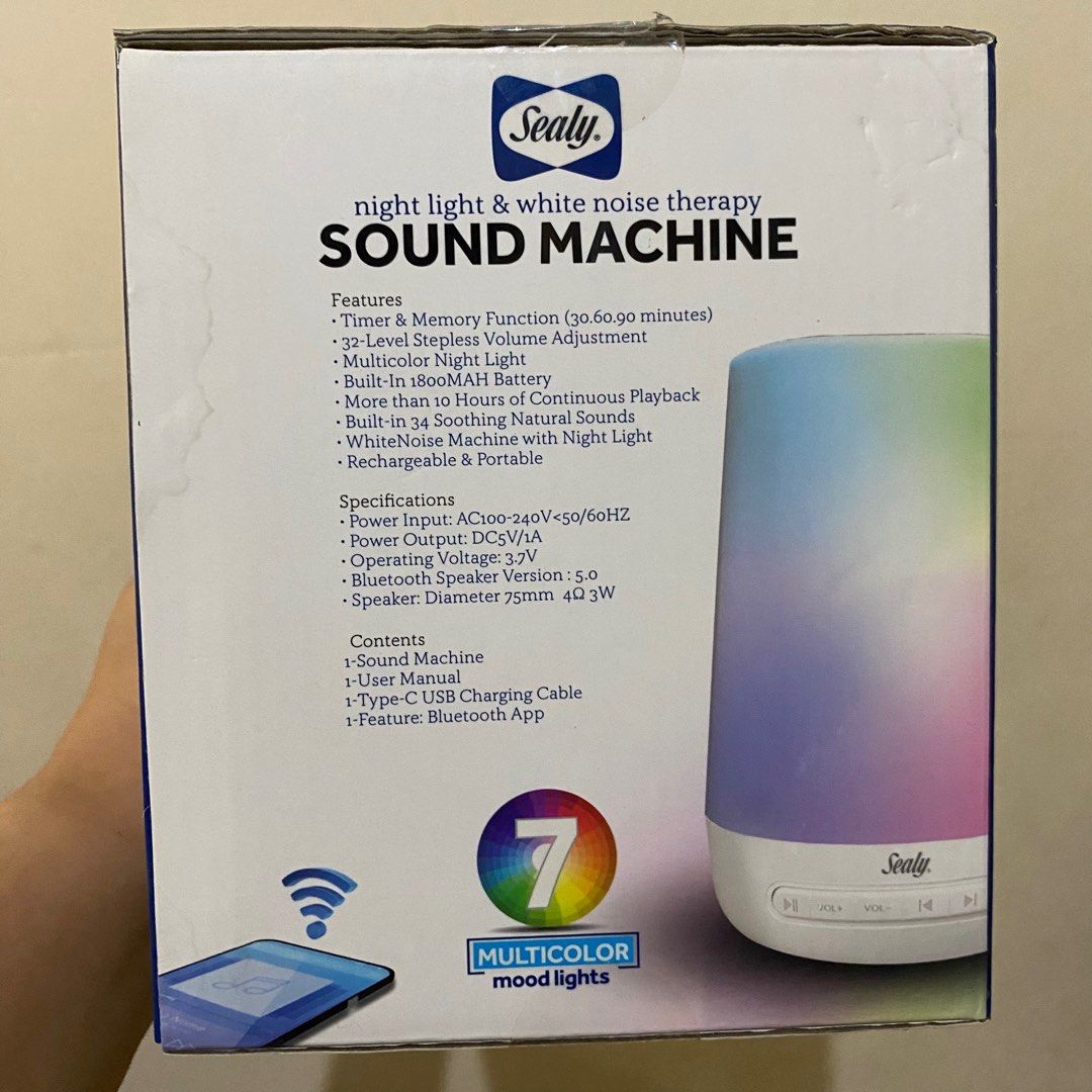 Sealy Sound Machine - Night Light and White Noise (Category: Soundbars, Speakers & Amplifiers) located in Davao. Submitted by tpespina (Listing ID 1271085372, Image 3). Description: White Noise + Night Light + Bluetooth Speaker all in 1! *Timer & Memory Function (30.60.90 minutes) *32-Level Stepless Volume Adjustment *Multicolor Night Light *Built-In 1800MAH Battery *More than 10 Hours of Continuous Playback *Built-In 34 Soothing Natural Sounds *