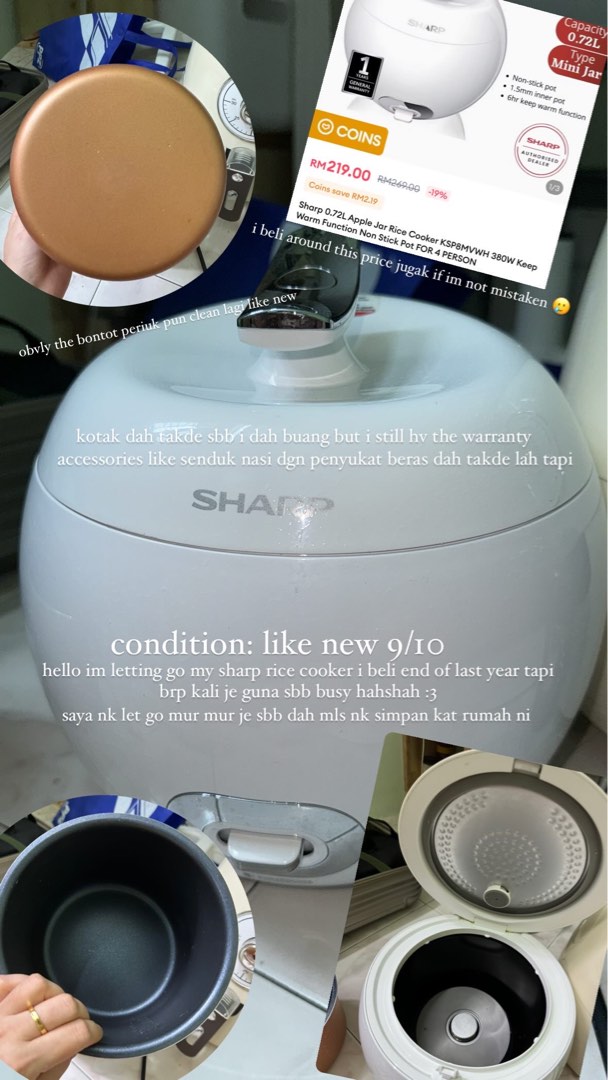 Sharp Rice Cooker Apple 0.72L KSP8MVWH, TV & Home Appliances, Kitchen