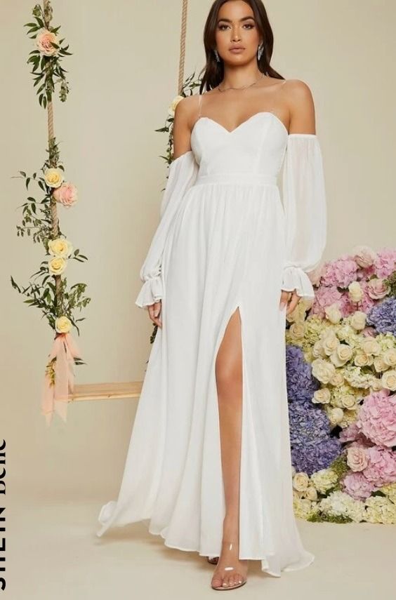 SHEIN Belle Transparent Shoulder Strap Flounce Sleeve Split Thigh Prom  Bridesmaid Dress, Women's Fashion, Dresses & Sets, Evening dresses & gowns  on Carousell
