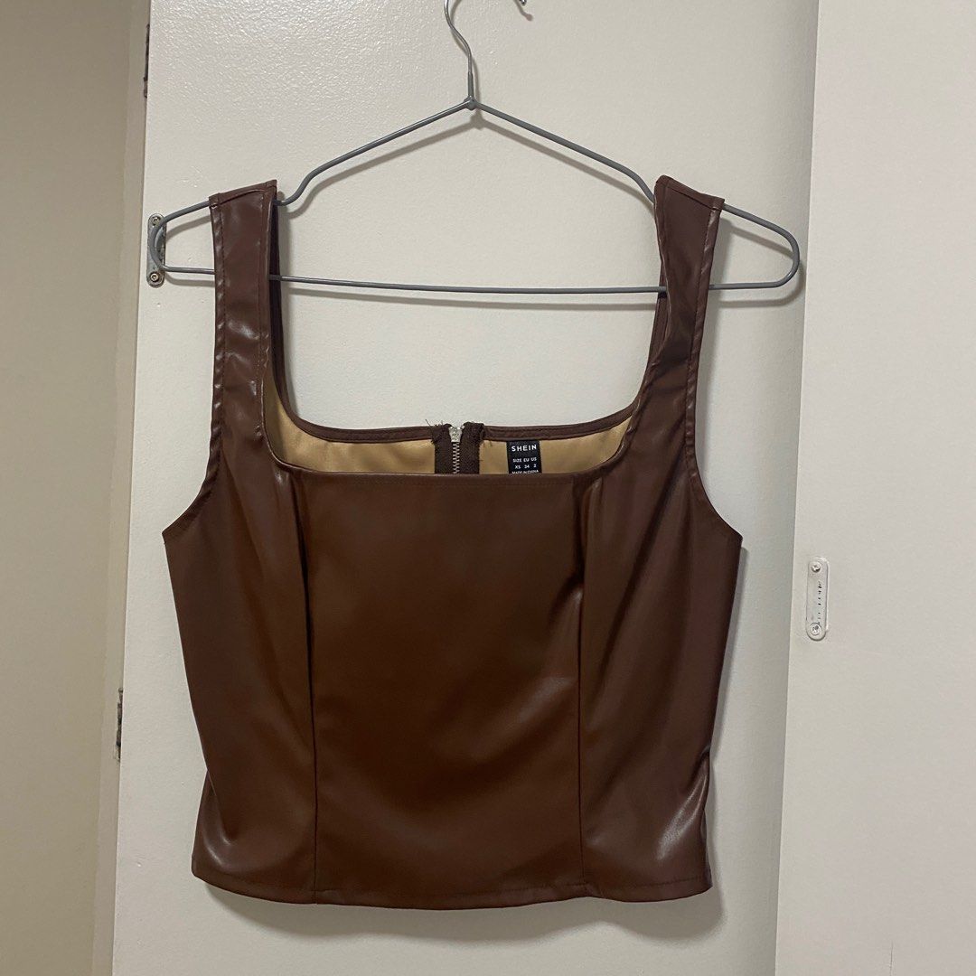 Shein Brown Faux Leather Top (Category: Others Tops) located in Quezon City. Submitted by nfdcloset (Listing ID 1271100465, Image 3). Description: Brand new never used :).
