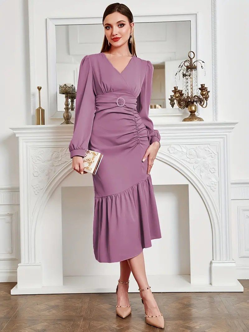 Shein Plus size Lilac Dress with Sparkling Belt for Party and Events,  Women's Fashion, Dresses & Sets, Evening dresses & gowns on Carousell