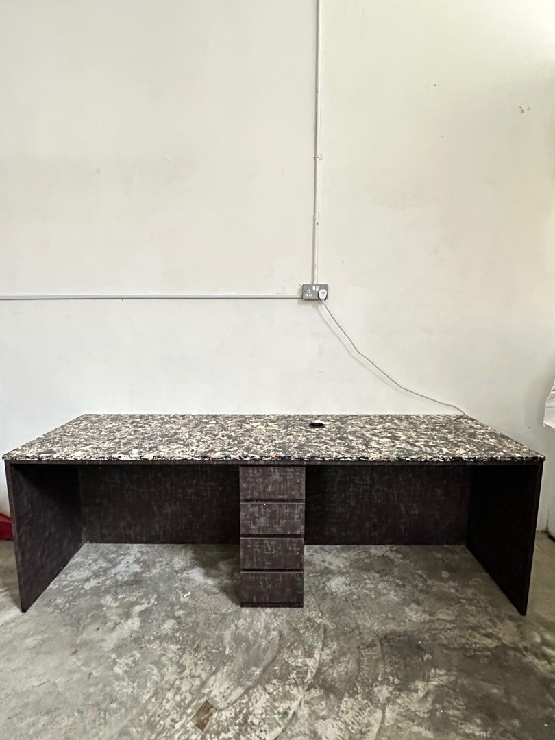 Solid real marble table (Category: Tables & Sets) located in Singapore. Submitted by sugarcane (Listing ID 1271083273, Image 1). Description: Letting go of 1pc solid marble table. Measuring 232.4cm(L) x 67.2cm(D)x 76cm (H), its made up of one piece without any joints inbetween the marble. Marble measures 2cm thick. Flame and Scratch resistant, inheriting all the properties of a real marble. Extremely stable. Suitable as a study table with drawers