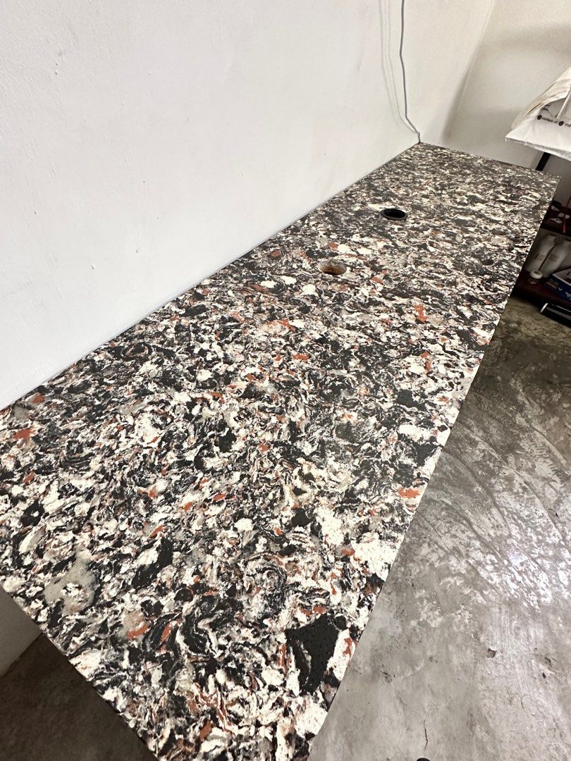 Solid real marble table (Category: Tables & Sets) located in Singapore. Submitted by sugarcane (Listing ID 1271083273, Image 3). Description: Letting go of 1pc solid marble table. Measuring 232.4cm(L) x 67.2cm(D)x 76cm (H), its made up of one piece without any joints inbetween the marble. Marble measures 2cm thick. Flame and Scratch resistant, inheriting all the properties of a real marble. Extremely stable. Suitable as a study table with drawers