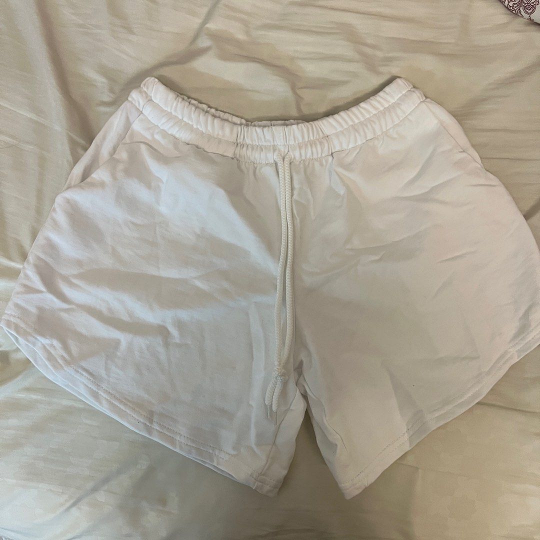 White online drawstring shorts