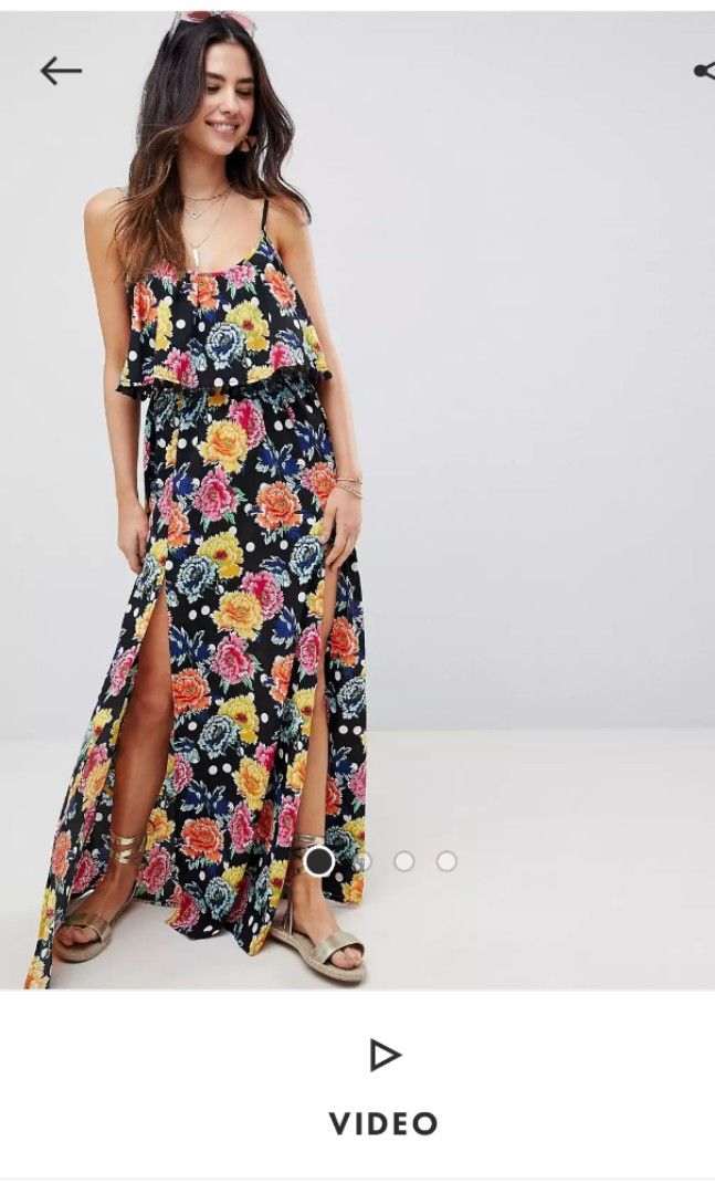 ASOS Design Floral double layer Maxi Dress with Pom Pom Trims Women s Fashion Dresses Sets Dresses on Carousell