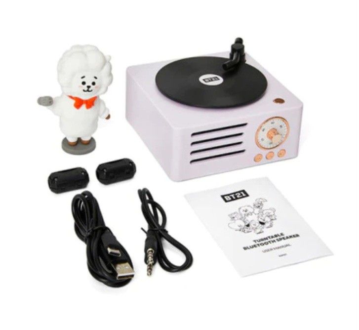 BT21 RJ Turntable Bluetooth Speaker (Category: Soundbars, Speakers & Amplifiers) located in Quezon City. Submitted by niceandfancy (Listing ID 1271237897, Image 3). Description: size: 11.3 x 11.3 x 6.2 cm material: PC, silicone.