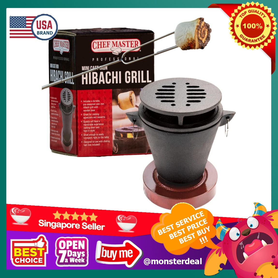 Chef Master Mini Japanese Hibachi Grill Hibachi - Wooden Base Indoor Smores  Maker, Cast Iron Top