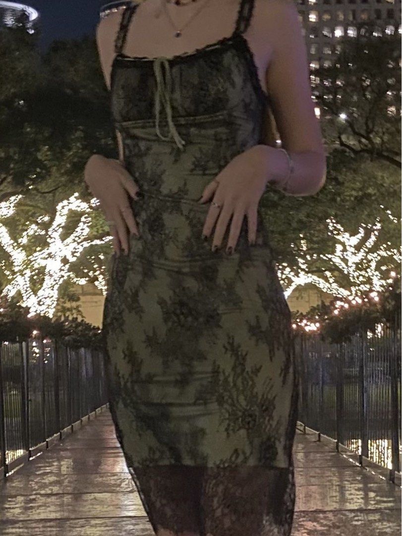 slim fit dress slacks CIDER Green Midi Dress with Black Overlay Lace (Large) – The Thrifty Hippy