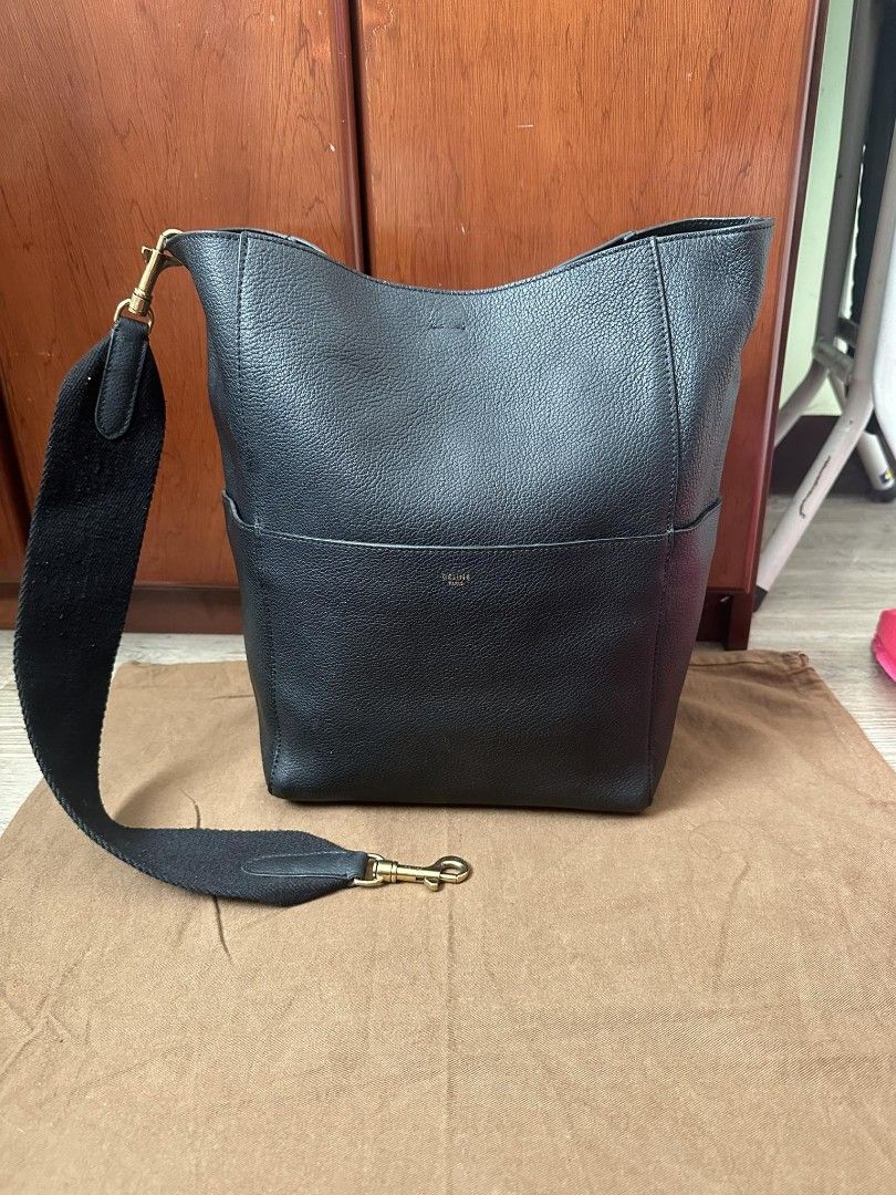 68757 auth CELINE dark green leather SANGLE SMALL BUCKET Shoulder Bag | eBay