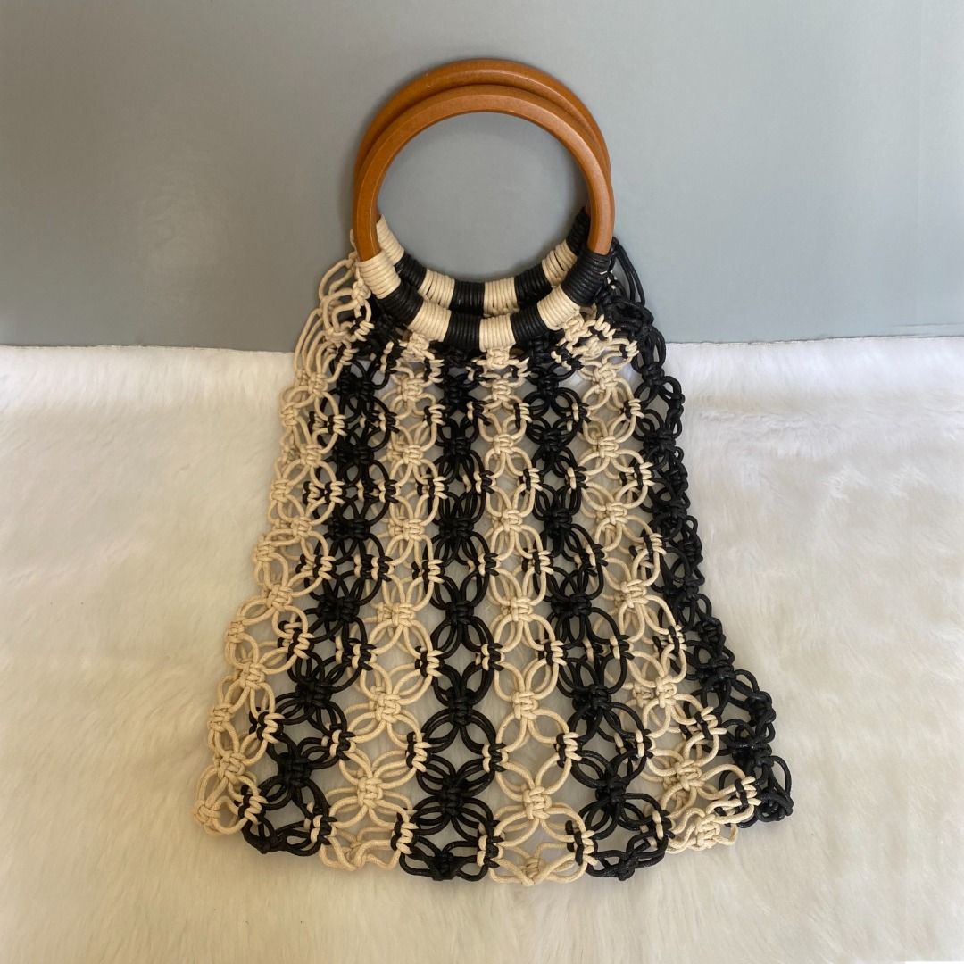 Free People Black White Wood Handle Woven Cotton Straw Bag Women s Fashion Bags Wallets Tote Bags on Carousell