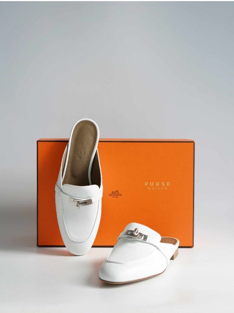 Hermes OZ Kelly White Calfskin Mules Size 37.5 EU 25.5cm Luxury