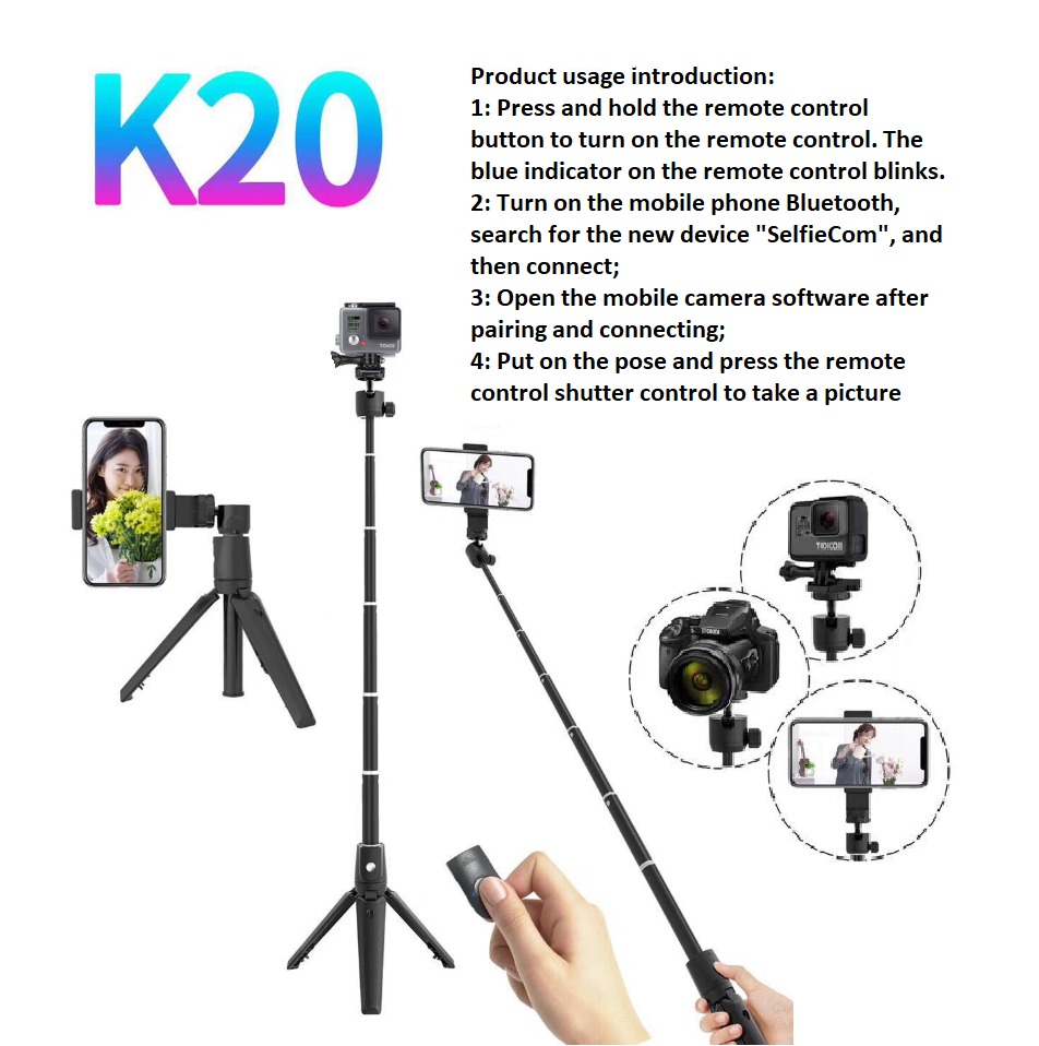 Portable Bluetooth Remote Control Selfie Stick Tripod K20
