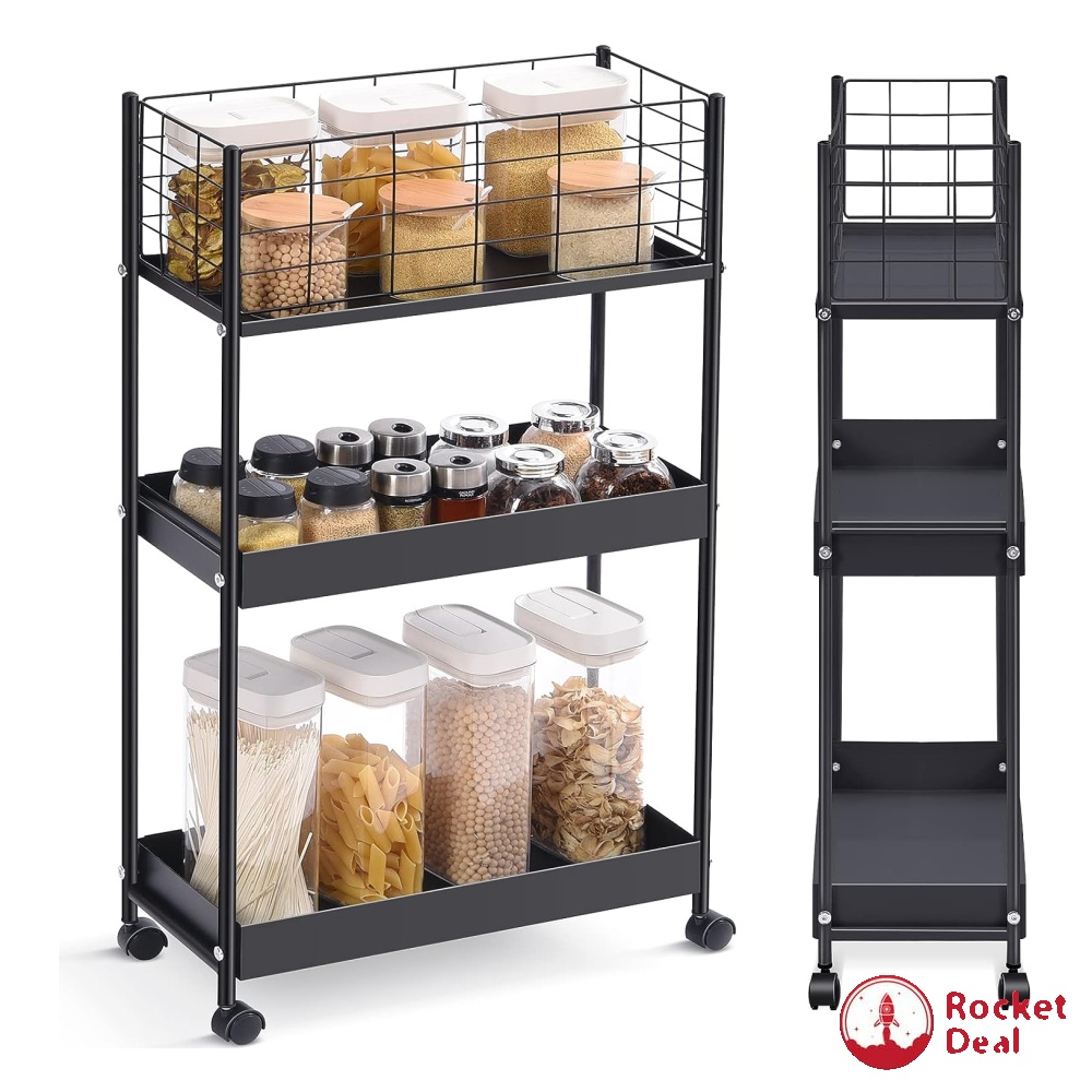 KINGRACK Slim Storage Cart,3-Tier Metal Rolling Utility Cart,Slide Out ...