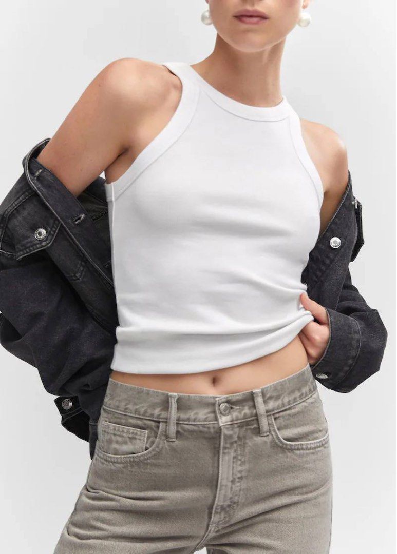 White Cotton High Neck Halter Crop Top