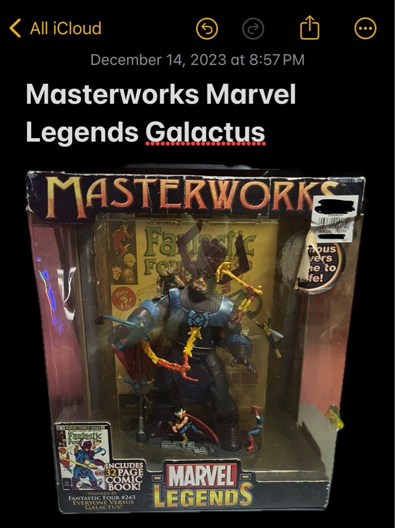 Masterworks Marvel Legends Galactus (Category: Figurines & Statues) located in Quezon City. Submitted by cinna_collects (Listing ID 1271332012, Image 1). Description: Masterworks Marvel Legends Galactus Price: 5000 PM your best offer ^^ (Can send more pics sa pm) ~MOP (gcash) ~MOD (lalamove/Grab/Mr Speedy) ~ Loc QC Happy shopping and collecting! (Pm for more inquiries ^^).