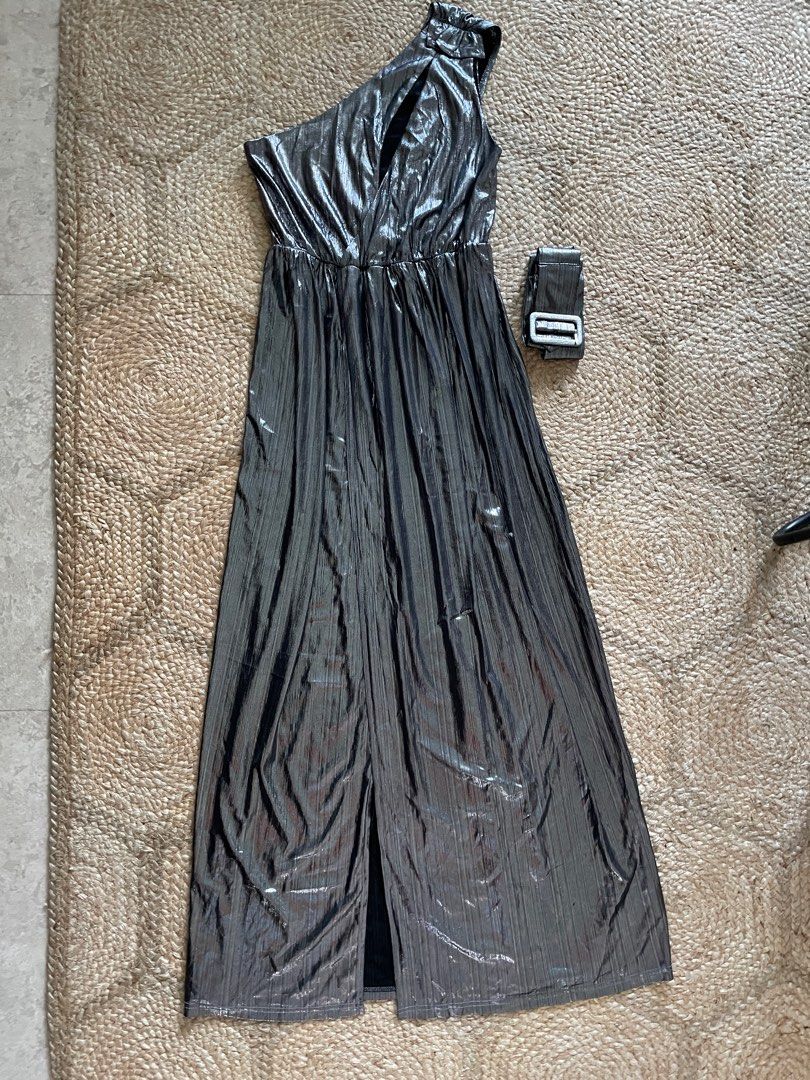 Metallic Silver One Shoulder Evening Dress, Women's Fashion, Dresses ...