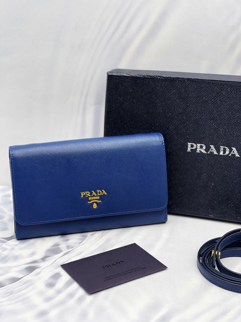 PRADA BLUE SAFFIANO LEATHER WALLET ON STRAP -FULL SET-